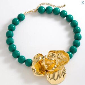 NEW Donya Green and Gold Bold Flower Beaded Choker Statement Necklace